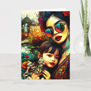 Carte La fête des mères, maman et fille, jardin de fleur