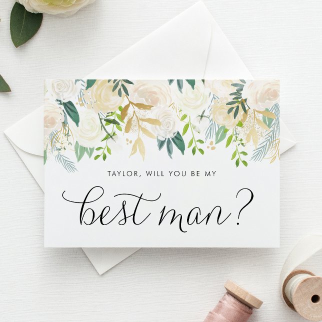 Carte La Garlande Florale D'Ivoire Douce Sera-T-Il Mon M (Botanical Best Man proposal card with watercolor flowers, greenery, and gold foil accents.)