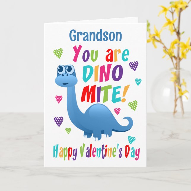 Carte La Saint-Valentin de petit-fils Dinosaur (Fleur jaune)