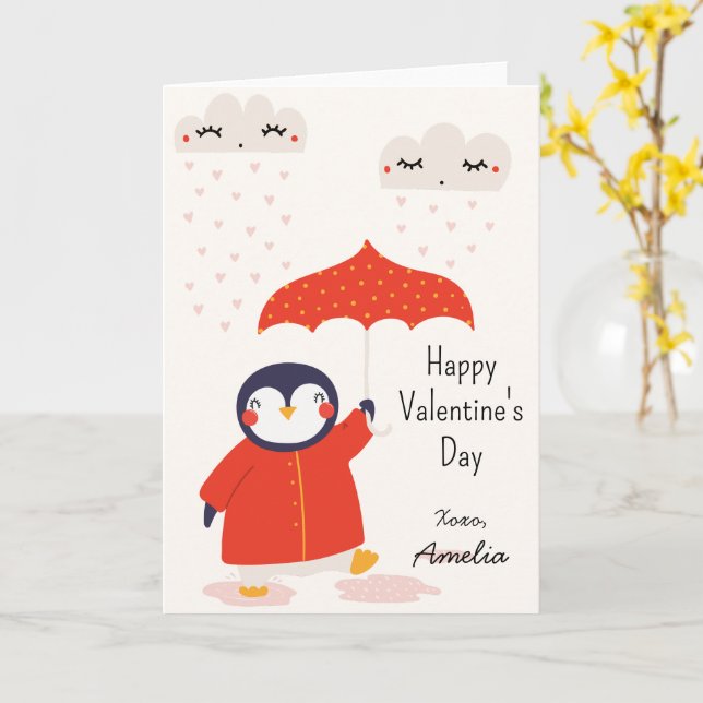 Carte La Saint-Valentin d'un pingouin mignon en classe p (Fleur jaune)