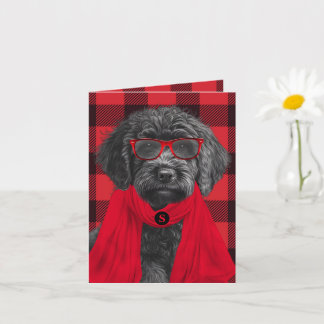 Carte Labradoodle Chien Rouge Buffalo Plaid Monogrammé