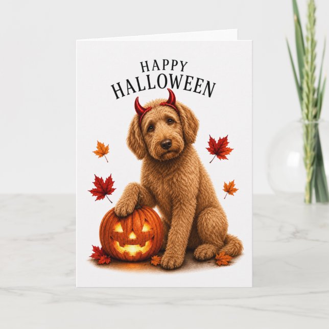 Carte Labradoodle Halloween Diable Chien (Devant)