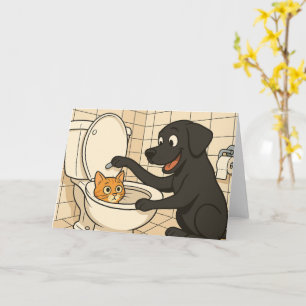 Carte Labrador noir et chat drôle Cartoon salle de bain 