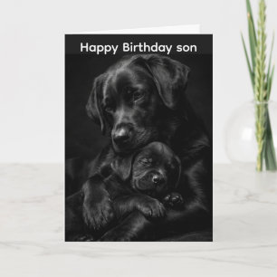 Carte Labrador noir, parent et enfant, Câlin d'amour