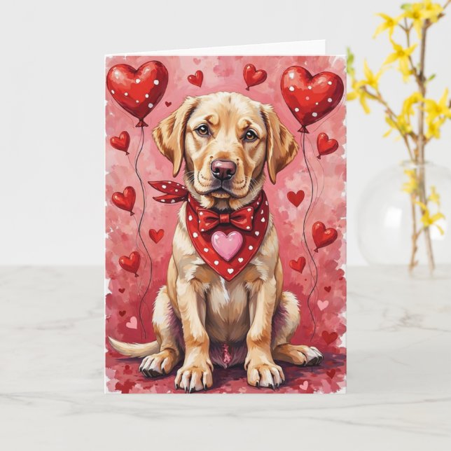 Carte Labrador Retriever Valentine’s Day Dog with Hearts (Fleur jaune)