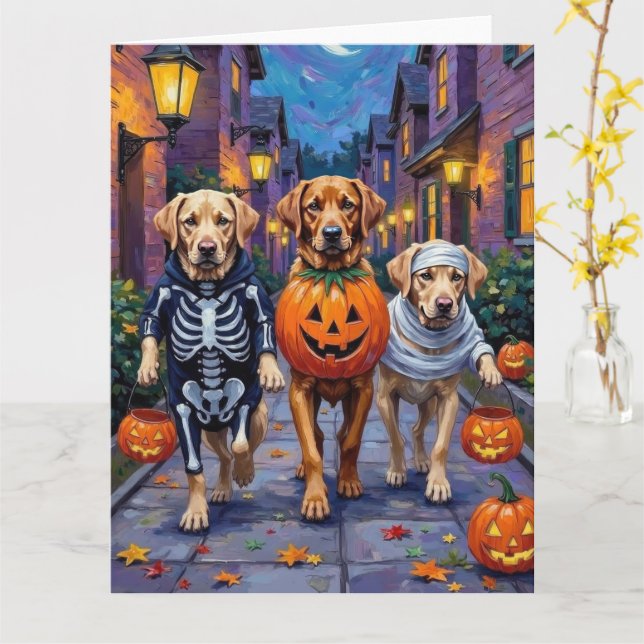 Carte Labrador Trick or Treating in Halloween Costumes (Fleur jaune)