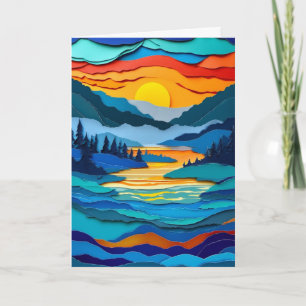 Carte Lac au lever du soleil en papier découpé baigné de