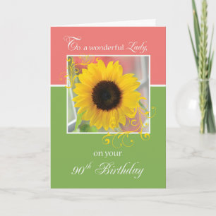 Carte Lady 90e anniversaire avec tournesol sur vert rose