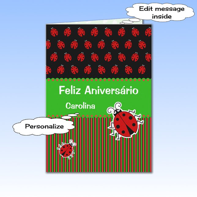 Carte Ladybug anniversaire portuguais texte personnalisé (Créateur téléchargé)