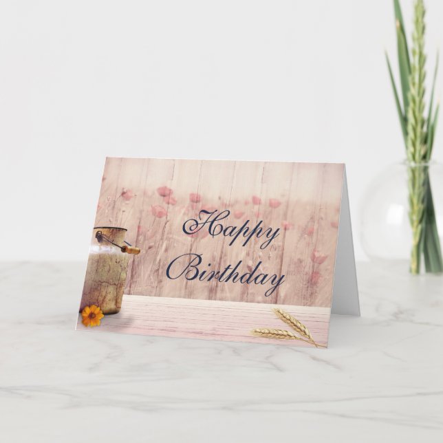Carte Lait rustique avec blé et fleurs Anniversaire (Devant)