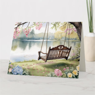 Carte Lakeside Swing dans le jardin d'aquarelle romantiq
