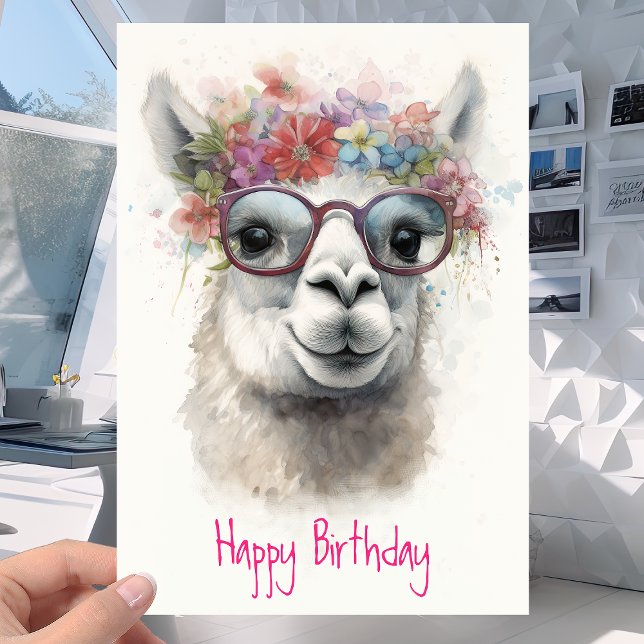 Carte Lama mignonne en lunettes et fleurs - Anniversaire (Créateur téléchargé)