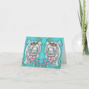 Carte LAMANTIN CUPIDON, BULLES ET CŒURS COLORÉ Vide