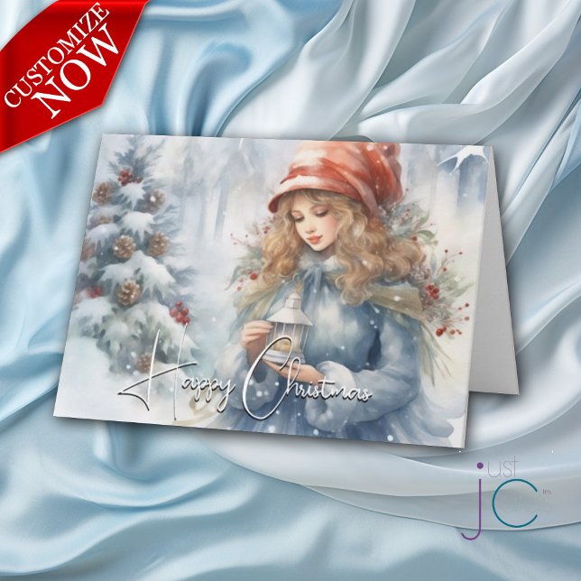 Carte Lanterne aquarelle Fée de Noël Fêtes (Customizable text)