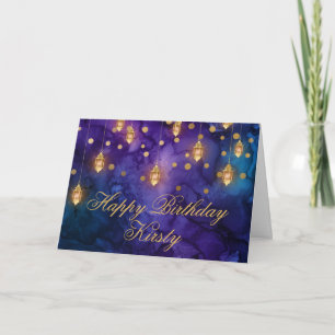 Carte Lanterne de Fée Mystique Violet Bleu Bokeh Anniver