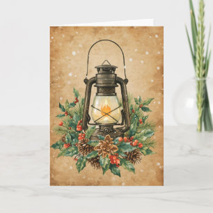 Carte Lanterne vintage houx pinède rustique festive chal