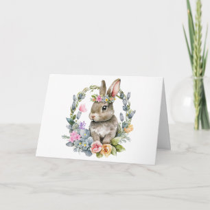 Carte Lapin à l'aquarelle avec couronne florale