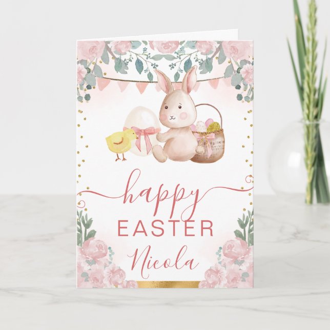 Carte Lapin à l'aquarelle et fleurs Joyeuses Pâques (Devant)