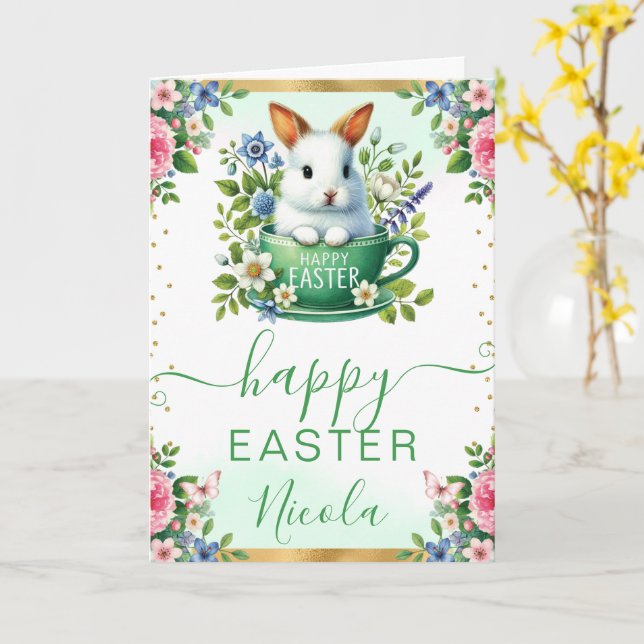 Carte Lapin à l'aquarelle Fleurs de printemps Joyeuses P (Fleur jaune)