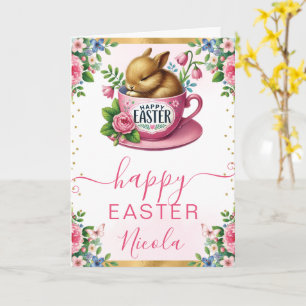 Carte Lapin à l'aquarelle Fleurs de printemps Joyeuses P