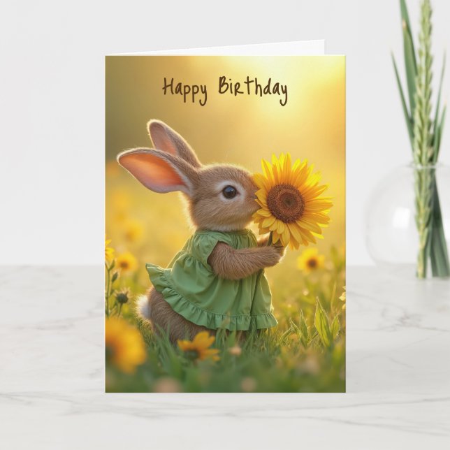 Carte Lapin Anniversaire Couper un Tournesol Jaune (Devant)