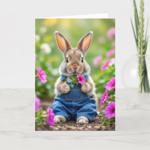 Carte Lapin Anniversaire Manger Pétunia Rose Fleurs