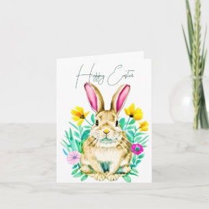 Carte Lapin aquarelle et fleurs de printemps personnalis