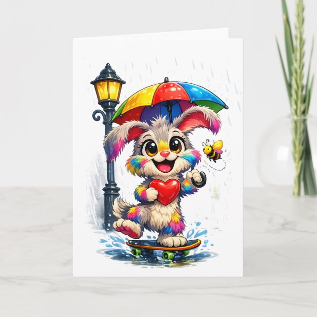 Carte Lapin arc-en-ciel mignon avec parapluie (Devant)