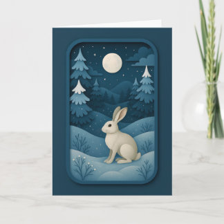 Carte Lapin au Clair de Lune dans une Forêt Enneigée