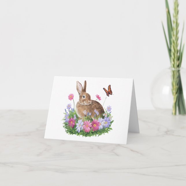 Carte Lapin avec papillon et champ de fleurs (Devant)