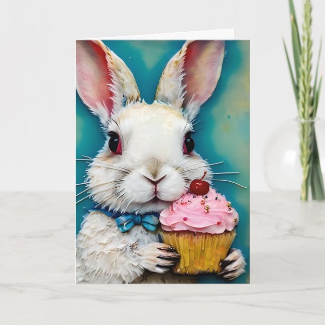Carte Lapin avec un gâteau d'anniversaire Cupcake (Devant)