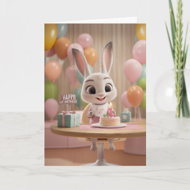 Carte Lapin Bébé Mignon avec Gâteau et Ballons 1er Anniv (Devant)