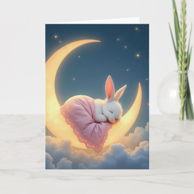 Carte Lapin Bébé Sur un Croissant de Lune (Devant)