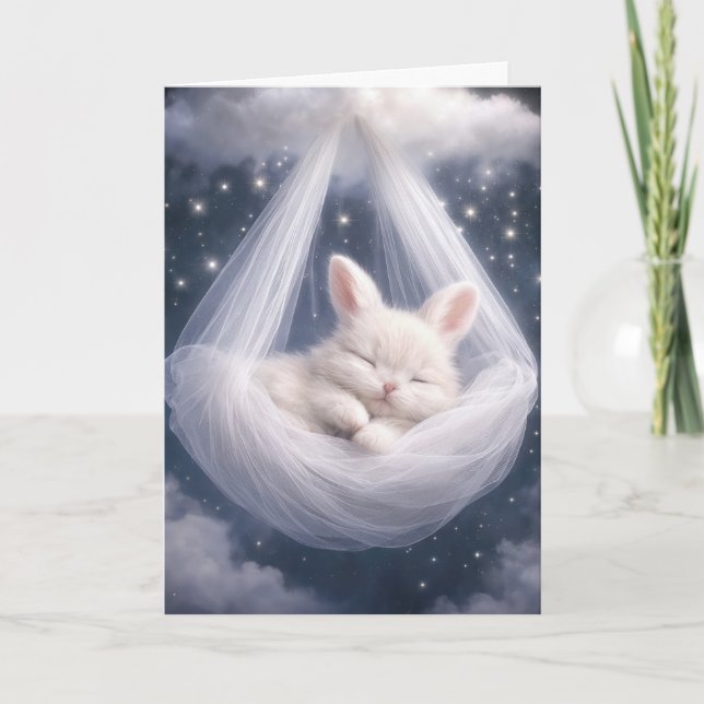 Carte Lapin bébé suspendu à un hamac en tulle (Devant)
