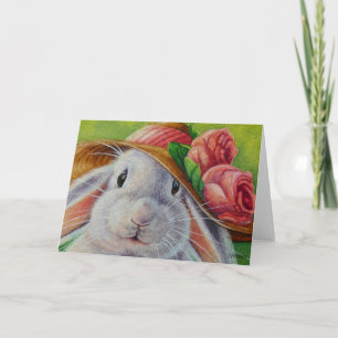 Carte Lapin blanc aux oreilles de lapin dans un chapeau 