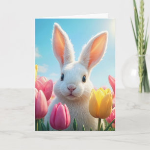 Carte Lapin blanc de Pâques dans les tulipes