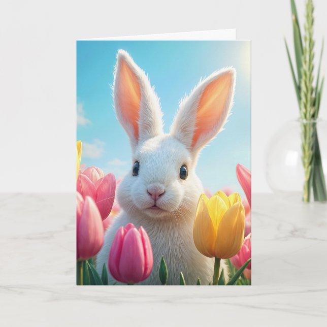 Carte Lapin blanc de Pâques dans les tulipes (Devant)