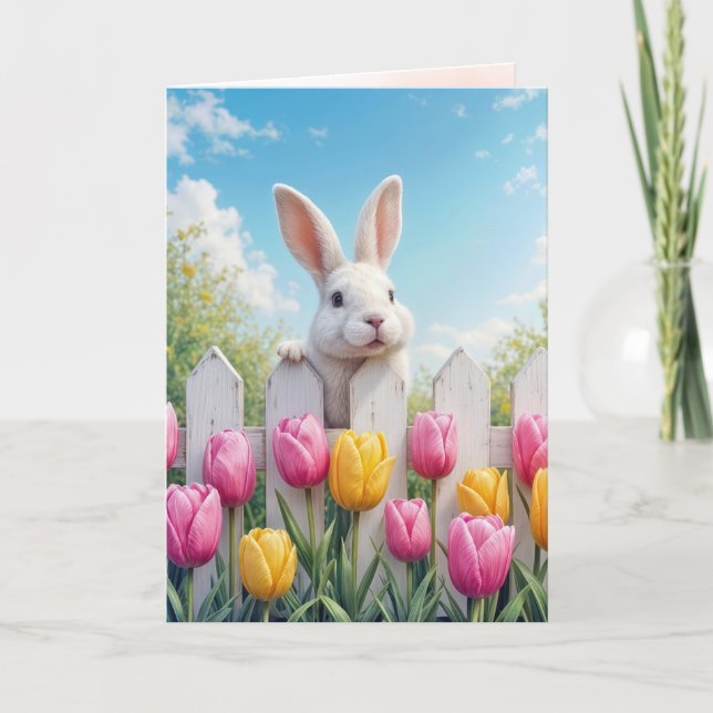 Carte Lapin blanc de Pâques dans les tulipes (Devant)