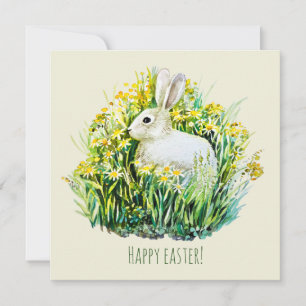 Carte lapin blanc et fleurs
