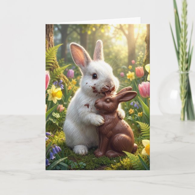 Carte Lapin blanc léchant un lapin de Pâques en chocolat (Devant)