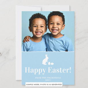 Carte Lapin bleu et blanc avec photo personnalisée de Pâ