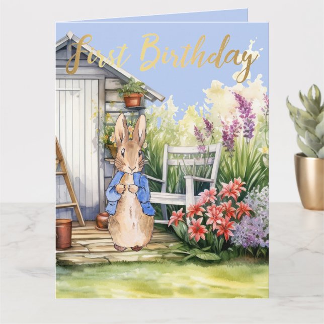 Carte Lapin classique dans le jardin 1er Anniversaire (Petite plante)