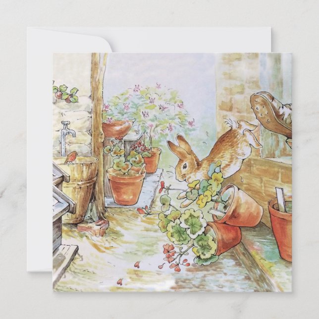Carte Lapin classique parmi les pots de plantes (Devant)