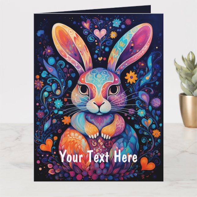 Carte Lapin coloré texte personnalisé (Petite plante)