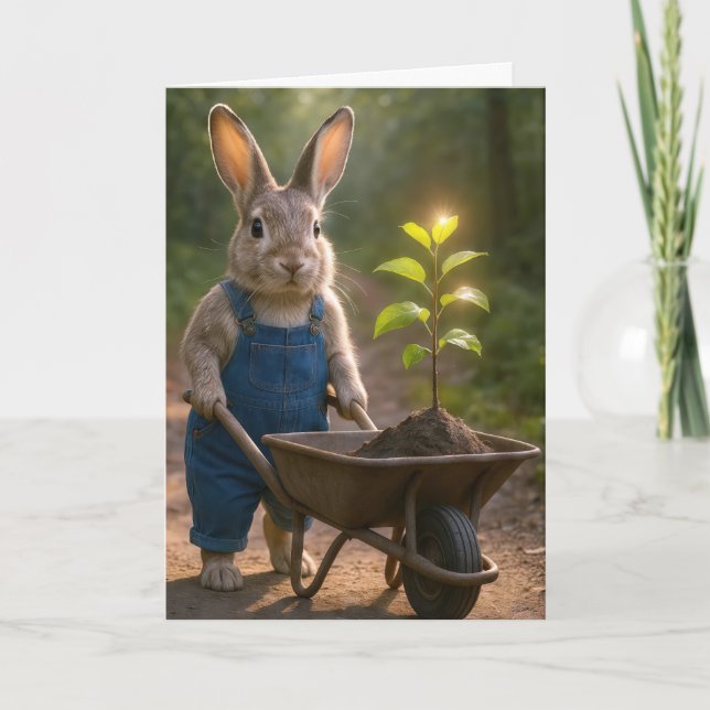 Carte Lapin d'anniversaire avec un petit arbre dans une  (Devant)