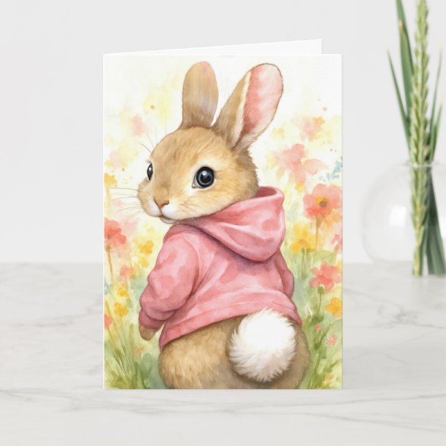 Carte Lapin d'anniversaire dans un sweat à capuche rose  (Devant)