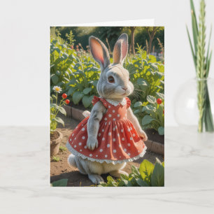 Carte Lapin d'anniversaire portant une robe dans le jard