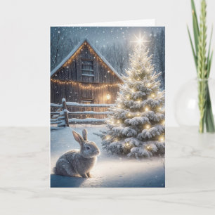 Carte Lapin de Noël avec arbre brillant et grange