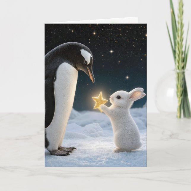 Carte Lapin de Noël et manchot avec étoile néon (Devant)