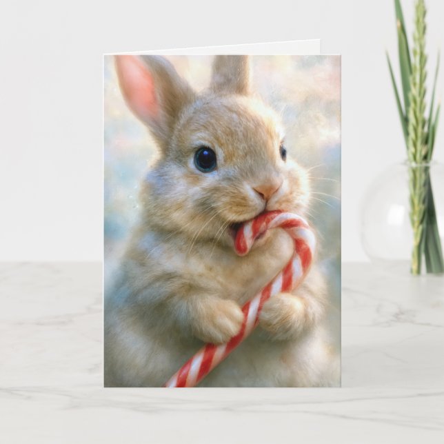 Carte Lapin de Noël grignotant une canne à sucre (Devant)